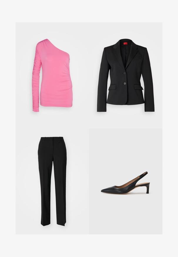 Black blazer made from smooth fabric, featuring a notched collar, two front pockets, and a two-button closure. Lined interior with logo pattern.; One-shoulder pink top made from stretchy material. Features gathered detail on the long sleeve and side for a form-fitting silhouette.; Black tailored trousers with a straight-leg design, featuring a smooth texture and crisp creases along the front. No visible hardware.; Black leather slingback pump with a pointed toe, low heel, and a smooth texture. Features a thin adjustable strap for a secure fit.