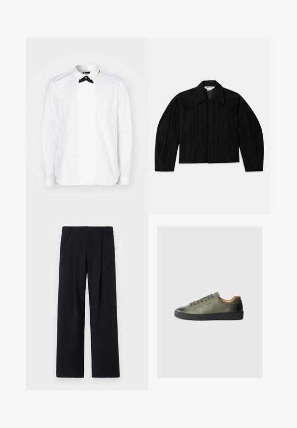 Melna kropta jakne ar teksturētu virsmu, plašu apkakli un garām, nedaudz sašaurinātām piedurknēm. Iekļauj slēptu priekšējo aizdari.; Balta krekla ar garām piedurknēm un melnu tauriņu, ar priekšējo posmu, kas satur vertikālas pintuck detaļas, piešķirot tekstūru un vizuālu interesi.; Plaša kāju bikses melnā audumā, ar priekšējiem krokām, plakanas priekšpuses un jostu cilpiņām. Gluda tekstūra bez redzamām rakstu vai akcentu detaļām.; Olīvu zaļi ādas sporta apavi ar melnu gumijas zoli. Iespējas ietver apaļu purngalu, toņu šņorēšanas elementus un minimālistisku dizainu. Iekšpuse odere ar brūnu materiālu.