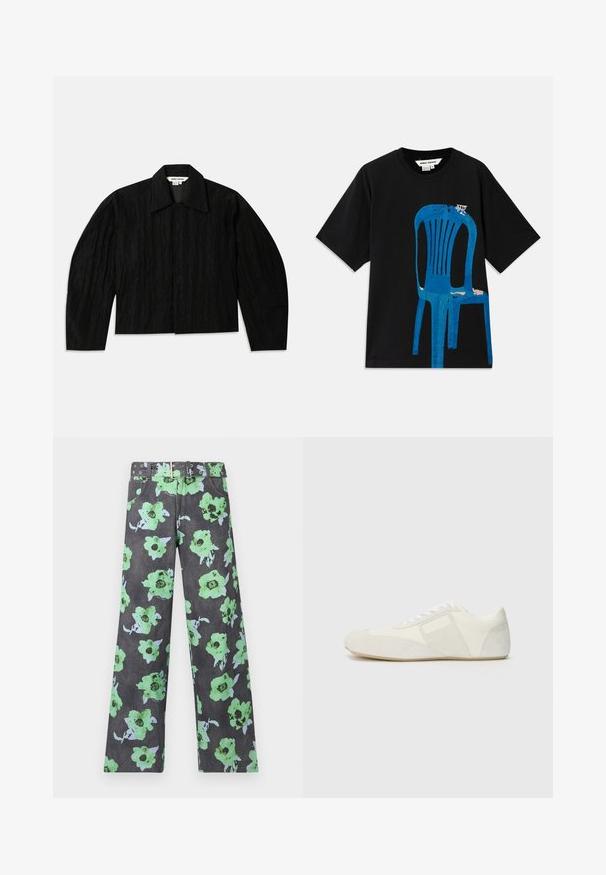 Black cropped jacket with a textured surface, wide collar, and long, slightly tapered sleeves. Features a hidden front closure.; Black cotton T-shirt featuring a blue printed chair design on the front. Short sleeves and a round neckline. Simple text above the chair.; Floral-printed pants in dark gray featuring large green and blue flowers. Includes a matching belt with multiple studs and eyelets.; White athletic shoe with a sleek design, featuring a suede toe cap, leather panels, and contrasting textured accents. Flat rubber sole.