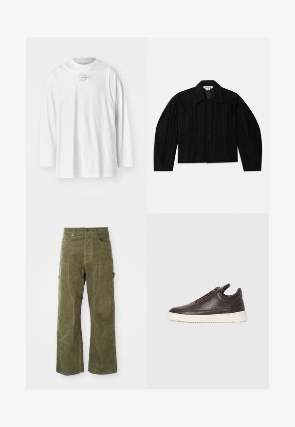 Giacca nera corta con superficie strutturata, colletto ampio e maniche lunghe, leggermente affusolate. Presenta una chiusura frontale nascosta.; Feng Chen Wang DECONSTRUCTION UNISEX - Maglietta a manica lunga - white; Pantaloni in corduroy verde oliva con tasche frontali e laterali, pannelli alle ginocchia rinforzati e chiusura con bottone e zip.; Sneaker in pelle texturizzata marrone scuro con lacci davanti e suola in gomma bianca rigata su uno sfondo chiaro semplice.