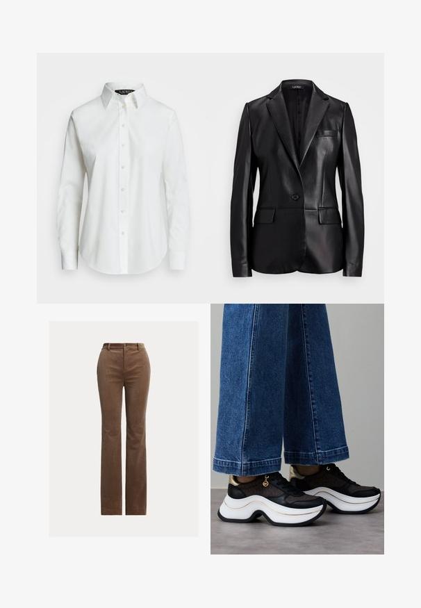 Melna ādas žakete ar izgriezumu, vienu pogu aizdari un divām priekšējām kabatām. Gluda tekstūra un pielāgota piegriezuma.; Balta garām piedurknēm pogājama krekls, kas izgatavots no kokvilnas. Tam ir klasiskā apkakle, septiņas pogas un nemanāms logotips izšūts uz krūšu.; Brūni korduroja bikses ar taisnu kāju dizainu, ar jostas cilpām, priekšējiem kabatām un vieglu vertikālo rievu tekstūru.; Melni un zelta sporta apavi ar izliekta baltā zoli. Teksturēts audums ar logotipa akcentiem. Pāris ar platām zila džinsa biksēm.