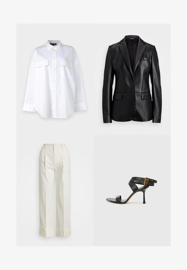 Fekete bőr blézer, azonos nyakkivágással, egygombos záródással és két elülső zsebbel. Sima textúra és testreszabott illeszkedés.; Fehér gombos ing, pamutból készült, klasszikus gallérral, két mellzsebével és hosszú ujjaival, amelyek mandzsettával rendelkeznek. Sima textúra.; Fehér, szabott nadrág magas derékkal, dupla elülső redőkkel és széles lábakkal, hajtogatott szegésekkel. Simító, textúrált anyagból készült.; Fekete magassarkú szandál keresztpántos dizájnnal és állítható csattal. Simább felülettel és hegyes tűsarkúval rendelkezik.