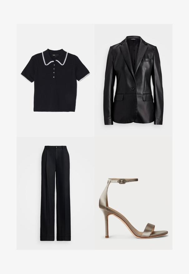 Čierny kožený blazer s výstrihom do V, zapínaním na jeden gombík a dvomi prednými vreckami. Hladká textúra a strih prispôsobený postave.; Čierna pletená polo košeľa s bielym volánkovým golierom a ozdobným lemovaním, s krátkymi rukávmi a podšívkou so šiestimi gombíkmi. Textúrovaná látka.; Čierne široké nohavice s hladkým povrchom, plochým predným dielom, pútkami na opasok a jedným gombíkom na uzatvorenie v páse.; Satinové sandále na vysokom opätku v striebornom prevedení s remienkom okolo členka a ozdobnou prackou. Otvorená špička a štíhly, elegantný dizajn.