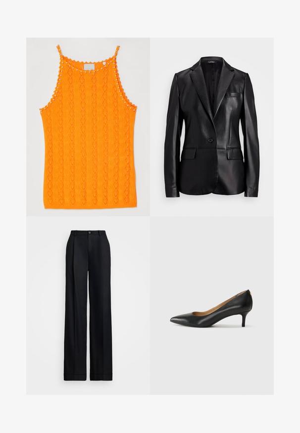 Fekete bőr blézer, azonos nyakkivágással, egygombos záródással és két elülső zsebbel. Sima textúra és testreszabott illeszkedés.; Fényes narancssárga kötött ujjatlan felső gyémántmintával és kis pom-pom díszítéssel a nyakvonal mentén és a pántoknál.; Fekete, bő szárú nadrág sima felülettel, lapos elejével, övhurkokkal és egyetlen gombos záródással a deréknál.; Fekete bőrpumpa hegyes orral, alacsony sarokkal és sima felülettel. Elöl enyhe nyílással rendelkezik, hátul pedig minimális részletezéssel.