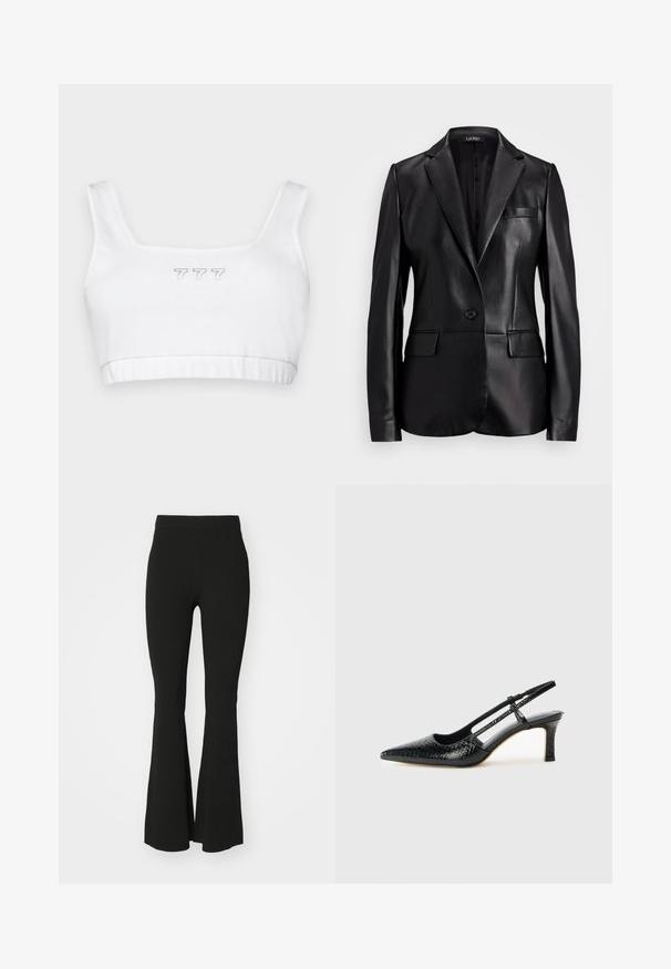 Črn usnjen blazer z izrezanim ovratnikom, enojnimi gumbi in dvema sprednjima žepoma. Gladka tekstura in prilagojen kroj.; Bela bomba iz bombaža s kvadratnim izrezom, ki v sredini vsebuje subtilno sivo vezeno številko "777" in gladko teksturo po celotni površini.; Črne široke hlače iz raztegljive tkanine, z visokim pasom in gladko, brez okrasja površino. Preprost in prilegajoč se dizajn.; Črne lakaste slingback pete s koničastim nosom, ki imajo teksturiran vzorec kačje kože, nastavljiv trak in kratek teksturiran blok peto.