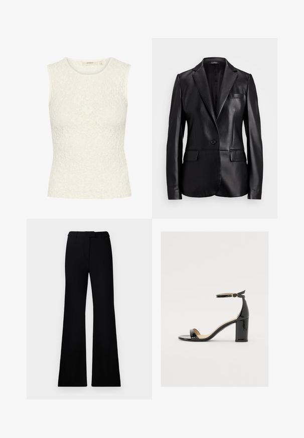 Čierny kožený blazer s výstrihom do V, zapínaním na jeden gombík a dvomi prednými vreckami. Hladká textúra a strih prispôsobený postave.; Bezručkový top z bielej čipky s textúrovaným kvetinovým vzorom. Tvarovaný strih, okrúhly výstrih a hladké okraje lemovania.; Čierne rozšírené nohavice s hladkou textúrou, prispôsobeným pásom a prednými vreckami, navrhnuté s elegantnou, modernou siluetou.; Čierne lakované sandále s širokým podpätkom, otvorenou špičkou a remienkom okolo členka s zlatou sponou. Hladká textúra a elegantný dizajn.