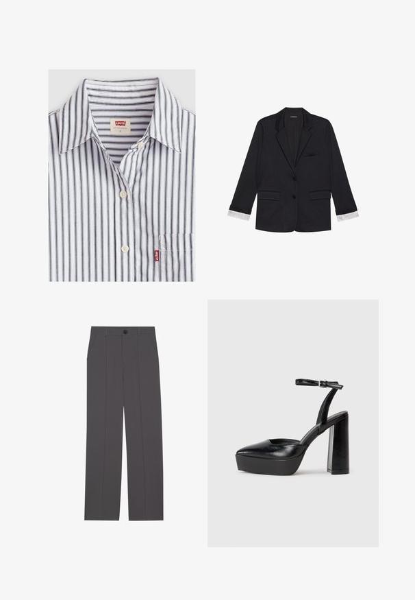 Black blazer featuring a classic design, structured shoulders, two front pockets, and striped fabric cuffs. Soft texture with a smooth finish.; Striped short-sleeve shirt in white and gray, featuring a button-down collar and a pocket. Cotton material with a smooth texture.; Grey trousers with a straight leg design, featuring two side pockets and a button closure. Smooth fabric with no visible patterns or accents.; Black platform heels with a pointed toe and adjustable ankle strap. Constructed from smooth leather, featuring a chunky block heel.