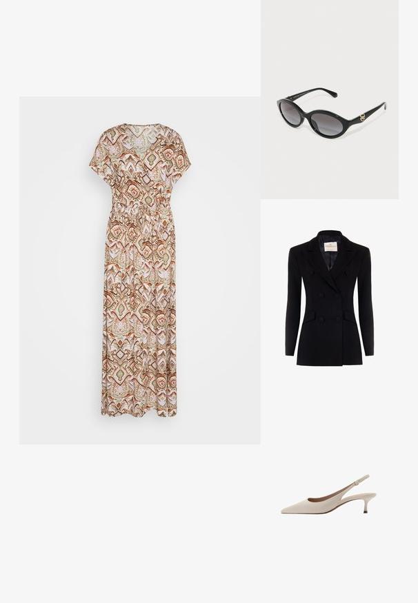 Schwarzer doppelt geknöpfter Blazer mit langen Ärmeln, eingeklappten Revers, zwei Vorderaschen und mit Stoff bezogenen Knöpfen. Glatte Textur, taillierte Passform.; Maxikleid aus leichtem Stoff mit einem mehrfarbigen geometrischen Muster in Braun-, Grün- und Rosatönen. Elastischer Taillendetail.; Weißer kurzärmeliger Pullover aus Kabelstrick mit einem gerafften Stehkragen und geripptem Saum. Weiche Textur, glatte Oberfläche und ein markantes gewebtes Muster in der Mitte.; Beige Slingback-Absatzschuhe mit spitzer Zehenform und niedrigem, ausgestellten Absatz. Hergestellt aus glattem Leder mit einem minimalistischen Design und verstellbarem Riemen.; Schwarze Katzenaugen-Sonnenbrillen mit grauen Verlaufslinsen. Verfügt über glänzende Kunststoffrahmen und eine goldfarbene Logo-Akzentsetzung am Bügel.; Weiße Lederhandtasche mit strukturiertem Design, ausgestattet mit einem oberen Griff und einem goldfarbenen Verschluss. Glatte Textur und minimalistische Akzente.