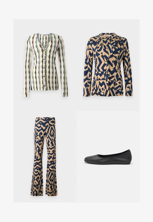Marineblaues und beiges Jackett mit abstraktem Zickzackmuster, einreihiges Design, Reverskragen und zwei Knöpfen. Weicher Stoff. ; Strickjacke mit V-Ausschnitt, mit gewellten Streifen in Braun, Blau und Grün. Knopfleiste vorne mit schwarz-weißen Akzenten. Lange Ärmel.; Marineblaue ärmellose Bluse aus glattem, elastischem Stoff. Verfügt über geraffte Seitendetails und einen abgerundeten Saum für eine figurbetonte Passform.; Ausgestellte Hosen mit einem geometrischen Muster in Marineblau und Beige. Hergestellt aus einem weichen Stoff, mit hohem Taillenbund und weiten Beinen.; Schwarze Leder-Ballettschuhe mit abgerundeter Spitze, glatter Textur, minimalen Nähdetails und einem flexiblen Sohlen-Design.