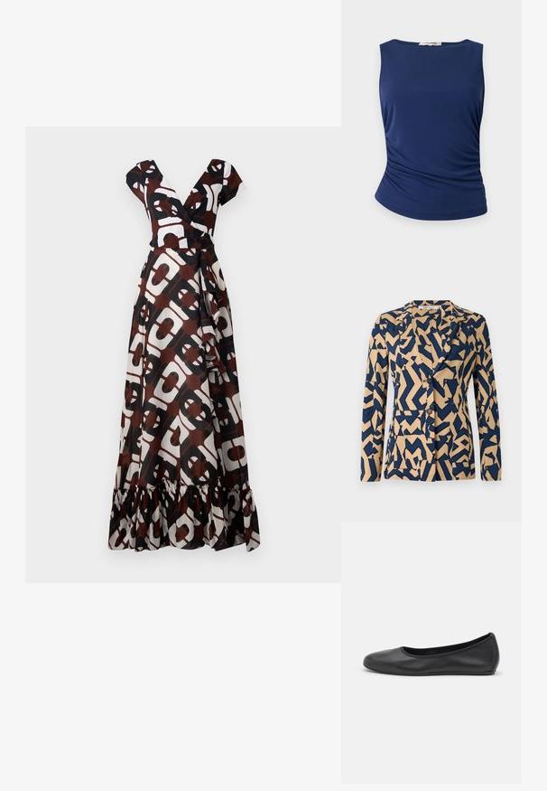 Tengerészkék és bézs dzseki absztrakt cikcakk mintával, egysoros kialakítással, bemetszett gallérral és két gombbal. Puha szövet textúra.; Barna, fehér és fekete szövetből készült maxi ruha, merész geometriai mintával. V-kivágás, ujjatlan vállpántok és fodros szegély.; Sötétkék ujjatlan felső sima, rugalmas anyagból. Oldalt ráncolt részletekkel és lekerekített aljjal rendelkezik, ami egyenes vonalú megjelenést kölcsönöz.; Fekete bőr balettcipő lekerekített orral, sima tekstúrával, minimális varrással és rugalmas talp kialakítással.
