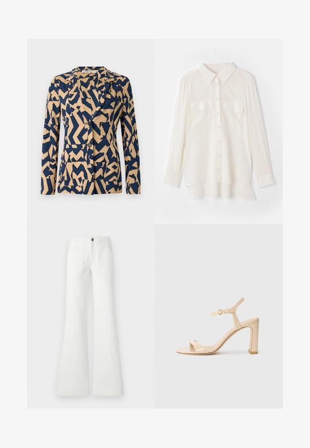 Námořnický modrý a béžový kabát s abstraktním zigzagovým vzorem, jednořadové provedení, klopový límeček a dvě knoflíky. Měkká textilie.; Bílá košile na knoflíky vyrobená z lehkého materiálu. Má klasický límec, dvě náprsní kapsy a mírně prodloužený zadní lem.; Bílé kalhoty s rozšířenými nohavicemi vyrobené z tkané látky, s pleteným pasem, dvěma předními kapsami a hladkou texturou. Zapínání na černý knoflík.; Béžová sandál na vysokém podpatku s řemínkem kolem kotníku a zlatou sponou, otevřená špička a blokový podpatek na bílém pozadí.
