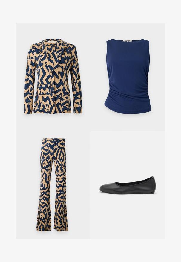 Navy blue and beige jacket with an abstract zigzag pattern, single-breasted design, notched collar, and two buttons. Soft fabric texture.; Navy blue sleeveless top made of smooth, stretchy fabric. Features gathered side detailing and a rounded hem for a fitted look.; Flared pants with a geometric pattern in navy blue and beige. Made of a soft fabric, featuring a high waistband and wide legs.; Black leather ballet flat with a rounded toe, smooth texture, minimal stitching detail, and a flexible sole design.