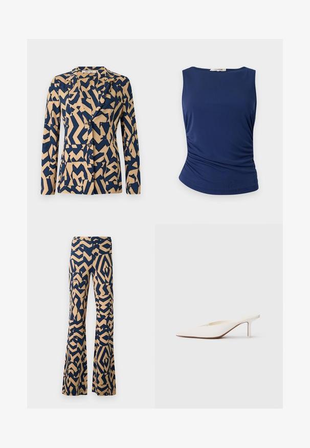 Navy blue and beige jacket with an abstract zigzag pattern, single-breasted design, notched collar, and two buttons. Soft fabric texture.; Navy blue sleeveless top made of smooth, stretchy fabric. Features gathered side detailing and a rounded hem for a fitted look.; Flared pants with a geometric pattern in navy blue and beige. Made of a soft fabric, featuring a high waistband and wide legs.; Pointed-toe white mule with a low stiletto heel. Made of smooth material with a minimalist design and subtle tan sole detail.