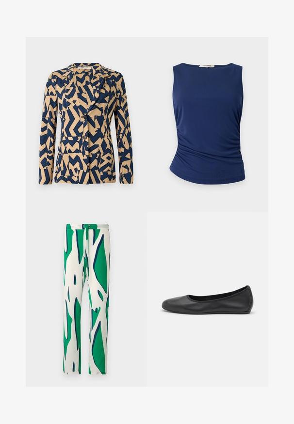 Chaqueta azul marino y beige con un patrón abstracto en zigzag, diseño de un solo botón, cuello con muesca y dos botones. Textura de tela suave.; Top sin mangas de color azul marino, hecho de una tela suave y elástica. Presenta detalles de fruncido en los laterales y un dobladillo redondeado para un ajuste ceñido.; Pantalones blancos con un atrevido patrón abstracto en verde y azul marino. Diseñados con pierna recta y asegurados con cierre de botón.; Bailarina de piel negra con punta redondeada, textura suave, detalle de costura minimalista y diseño de suela flexible.
