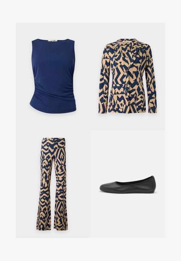 Jakna u tamnoplavoj i bež boji s apstraktnim uzorkom u obliku cik-caka, s jednim redom dugmadi, rever kragnom i dva dugmeta. Mekana tkanina.; Mornarsko plavi bezrukavni top izrađen od glatkog, rastezljivog materijala. Sadrži nabranje sa strane i zaobljen rub za prikladan izgled.; Hlače s širokim donjim dijelom i geometrijskim uzorkom u tamnoplavoj i bež boji. Izrađene od mekane tkanine, s visokim strukom i širokim nogavicama.; Crne kožne baletanke s zaobljenim vrhom, glatke teksture, minimalnim detaljima šavova i fleksibilnim dizajnom potplata.