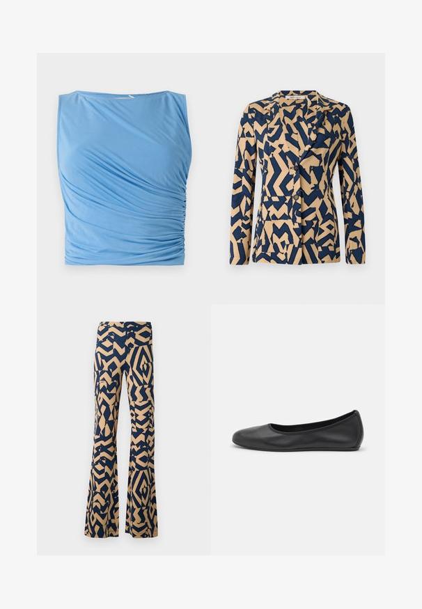 Marineblauwe en beige jas met een abstract zigzagpatroon, met enkele rij knopen, geknipte kraag en twee knopen. Zachte textuur van de stof.; Blauw mouwloos topje van zachte stof met gedrapeerde ruches aan de zijkant, met een ronde halslijn en een gladde textuur.; Uitlopende broek met een geometrisch patroon in marineblauw en beige. Gemaakt van een zachte stof, met een hoge tailleband en brede pijpen.; Zwarte leren ballerina met een ronde neus, gladde textuur, minimale stikdetails en een flexibele zoolontwerp.