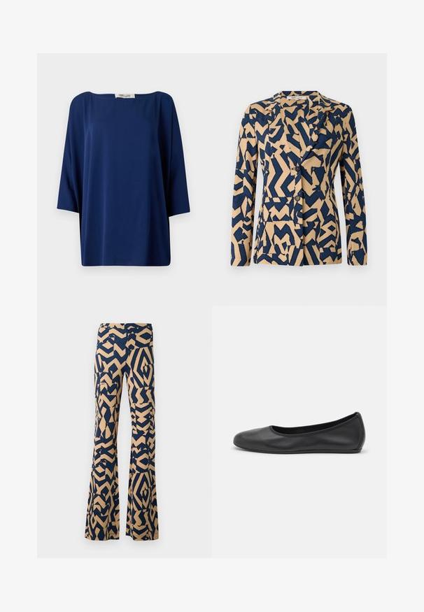 Marineblaues und beiges Jackett mit abstraktem Zickzackmuster, einreihiges Design, Reverskragen und zwei Knöpfen. Weicher Stoff. ; Marineblaue, locker sitzende Bluse mit weitem Halsausschnitt und halblangen Ärmeln, die eine glatte Textur und ein minimalistisches Design aufweist.; Ausgestellte Hosen mit einem geometrischen Muster in Marineblau und Beige. Hergestellt aus einem weichen Stoff, mit hohem Taillenbund und weiten Beinen.; Schwarze Leder-Ballettschuhe mit abgerundeter Spitze, glatter Textur, minimalen Nähdetails und einem flexiblen Sohlen-Design.