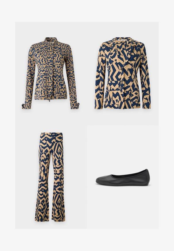 Navy blue and beige jacket with an abstract zigzag pattern, single-breasted design, notched collar, and two buttons. Soft fabric texture.; Patterned jacket in navy blue and beige, featuring geometric designs. Long sleeves with buttoned cuffs, mandarin collar, and front tie closure.; Flared pants with a geometric pattern in navy blue and beige. Made of a soft fabric, featuring a high waistband and wide legs.; Black leather ballet flat with a rounded toe, smooth texture, minimal stitching detail, and a flexible sole design.