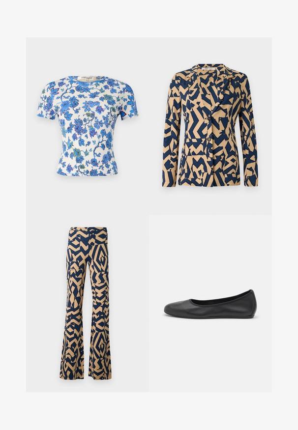 Navy blue and beige jacket with an abstract zigzag pattern, single-breasted design, notched collar, and two buttons. Soft fabric texture.; Short-sleeve t-shirt in lightweight fabric, featuring a floral pattern in blue and green on a white background, with a fitted silhouette.; Flared pants with a geometric pattern in navy blue and beige. Made of a soft fabric, featuring a high waistband and wide legs.; Black leather ballet flat with a rounded toe, smooth texture, minimal stitching detail, and a flexible sole design.