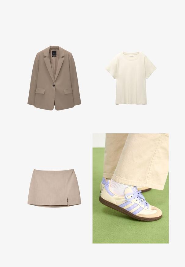 Beige Blazer mit taillierter Passform, einreihigem Knopfverschluss, Reverskragen und zwei vorderen Taschen. Glatte Textur, minimalistisches Design.; Helles beige T-Shirt mit kurzen Ärmeln und Rundhalsausschnitt, aus weichem, glattem Stoff gefertigt. Verfügt über eine lockere Passform und einen geraden Saum.; Beige Taillierte Rock aus strukturiertem Stoff mit einem leichten seitlichen Schlitz. Einfaches Design ohne zusätzliches Zubehör oder Muster.; Cremefarbene und lavendelfarbene Sneakers mit drei Streifen und einer strukturierten braunen Sohle, ausgestattet mit Schnürsenkeln und einer gepolsterten Ferse. Obermaterial aus weichem Stoff.