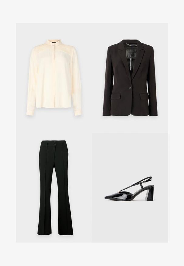Black tailored blazer with notched lapels, single button closure, two front pockets, and interior tag detailing. Smooth fabric texture.; Cream long-sleeve shirt made of smooth fabric with a mandarin collar, featuring fine pleated detailing on the shoulders and a buttoned front.; Black flared pants featuring a smooth fabric, high waistband with two buttons, and front pleats, providing a tailored appearance.; Black patent leather slingback high-heeled shoes with a pointed toe, adjustable strap, and chunky rectangular heel.