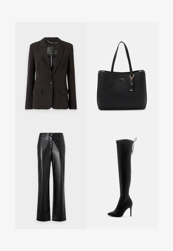 Schwarzer maßgeschneiderter Blazer mit Reverskragen, einfacher Knopfverschluss, zwei Fronttaschen und Innenetikett. Glatte Stofftextur.; Schwarzer Body mit dünnen Trägern und einer Spitzenkante an der Oberseite. Glatte Textur, taillierter Schnitt und tiefem Ausschnitt.; Schwarze Lederhosen mit geradem Bein, ausgestattet mit einem vorderen Knopfverschluss, Gürtelschlaufen und einer glatten, polierten Oberfläche.; Schwarze Overknee-Stiefel aus glattem, synthetischem Material, mit spitzem Zehen, hohen Stiletto-Absätzen und verstellbaren Bindebändern am oberen Ende.; Schwarze Tragetasche aus strukturiertem synthetischem Material, mit zwei Griffen, einem goldenen Logo-Schild und einem kleinen Anhänger mit Akzentdetail.