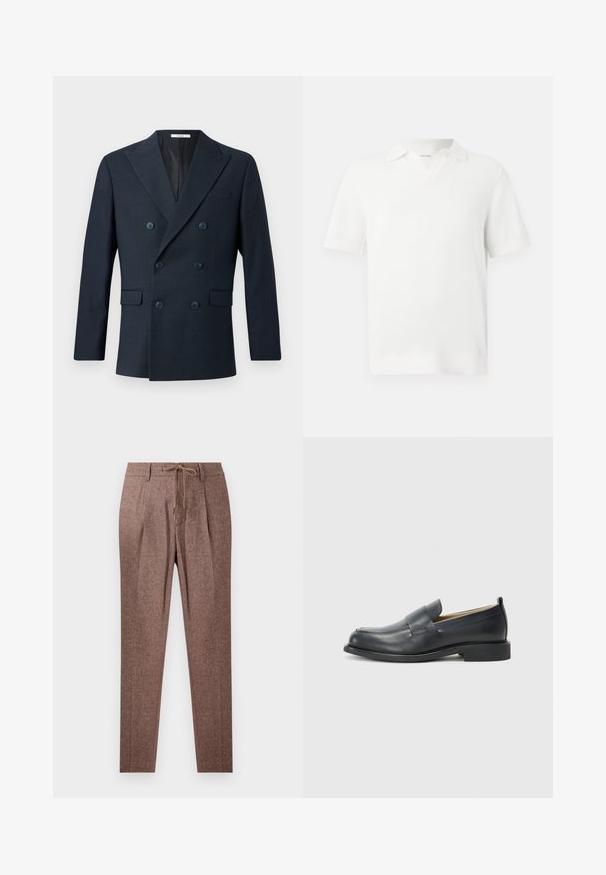 Navy double-breasted blazer in textured fabric, featuring wide lapels, four blue buttons, and two front pockets with a subtle check pattern.; White short-sleeve polo shirt with a textured knit design, featuring a V-neck collar and ribbed cuffs for a fitted finish.; Brown, textured trousers with a herringbone pattern, featuring a drawstring waist and two front pleats. Straight-leg design.; Black leather loafers featuring a smooth finish, a flat sole, and a rounded toe with a decorative strap across the upper.