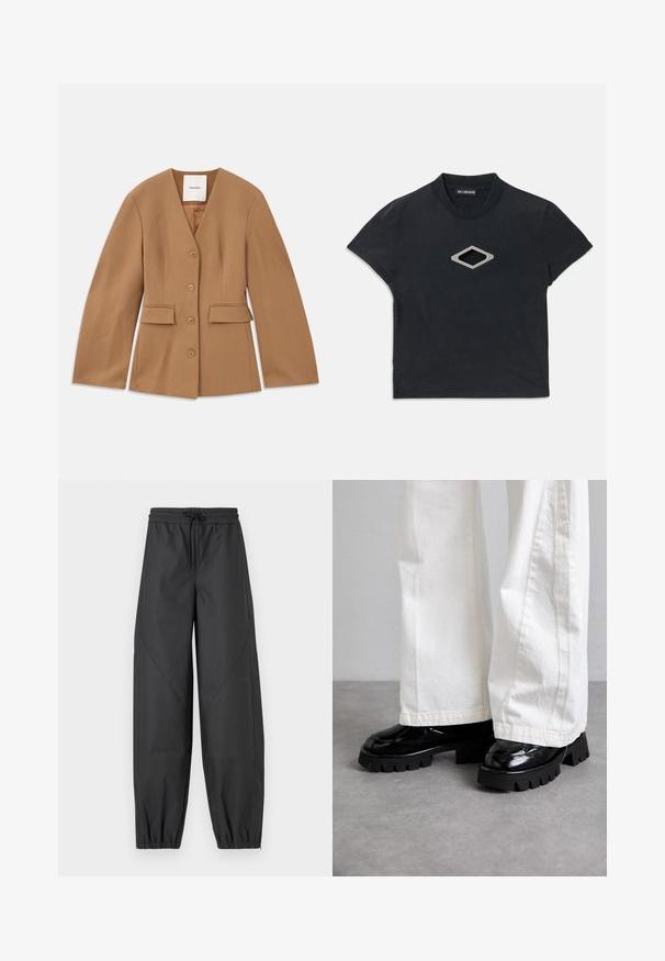 Blazer marron sur mesure avec un décolleté en V, six boutons à l'avant, deux poches à rabat et des manches longues, fabriqué dans un tissu lisse.; T-shirt noir à manches courtes, à coupe courte, avec un col rond et un design en forme de diamant argenté découpé au centre à l'avant.; Pantalons de sport noirs, amples et ergonomiques avec une taille élastique et un cordon de serrage. Présente des poignets resserrés et des coutures plates pour une finition lisse.; Chaussures noires à semelles épaisses avec une finition brillante, associées à un pantalon large blanc. Tread épais et texture lisse remarquables sur les chaussures.