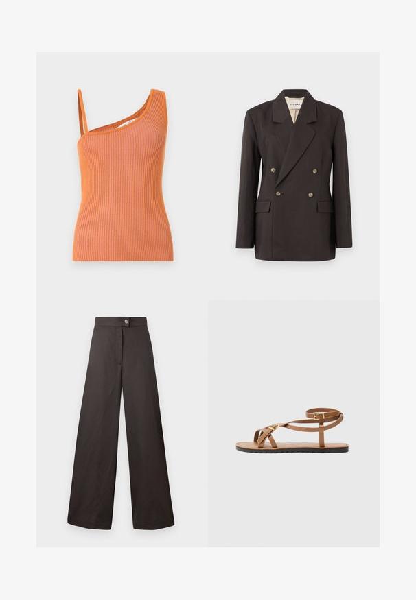 Donkerbruin dubbelzijdig colbert met ingesneden revers, twee voorzakken en een lichte voering. Gemaakt van een gladde, gestucteerde stof.; Oranje geribbelde tanktop met één schouderband, met een getailleerde pasvorm en een textured stof.; Zwarte wijde broek met een gladde textuur, voorzien van een knoopsluiting aan de voorkant en een strakke, eenvoudige uitstraling. Geen patronen of accenten zichtbaar.; Bruine leren sandaal met een dun strapdesign, voorzien van een goudkleurige gesp en een platte zwarte zool met zigzagrand.