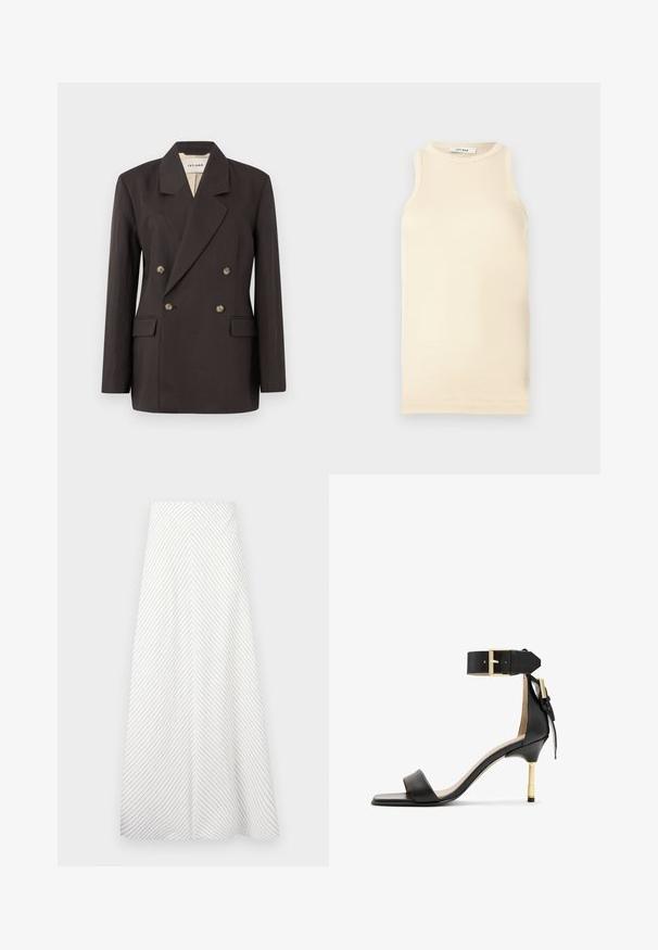 Dark brown double-breasted blazer with notched lapels, two front pockets, and light-colored lining. Made from a smooth, structured fabric.; Light beige sleeveless top made of ribbed fabric, featuring a round neckline and fitted design. Smooth texture with minimal seams.; White skirt with diagonal navy stripes, flowing design, and a smooth texture. Features a high waist and an ample, A-line shape.; Black leather heeled sandal with a square toe, ankle strap featuring a gold buckle, and a slender metallic heel. Smooth texture, minimalist design.