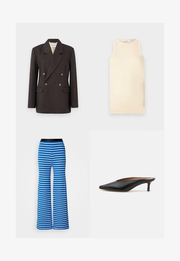 Dark brown double-breasted blazer with notched lapels, two front pockets, and light-colored lining. Made from a smooth, structured fabric.; Light beige sleeveless top made of ribbed fabric, featuring a round neckline and fitted design. Smooth texture with minimal seams.; Blue and white striped flared pants with a black elastic waistband. Features a smooth texture and even horizontal stripes throughout.; Black leather mules with a pointed toe and low, block heel. Smooth texture with a sleek design. Open back with minimal detailing.
