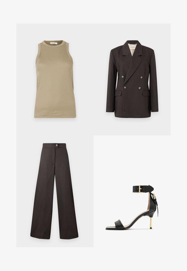Blazer de color marrón oscuro, de doble botonadura, con solapas con muesca, dos bolsillos frontales y forro de un color claro. Fabricado con una tela suave y estructurada.; Top sin mangas de color beige hecho de tela de canalé. Presenta un escote alto y aberturas en los laterales. La etiqueta dice "IVY OAK". Diseño simple y ceñido.; Pantalones anchos negros con una textura suave, que presentan un cierre frontal con botón y un diseño limpio y sencillo. Sin patrones ni acentos visibles.; Sándal de tacón de cuero negro con punta cuadrada, correa en el tobillo con hebilla dorada y un tacón metálico esbelto. Textura suave, diseño minimalista.