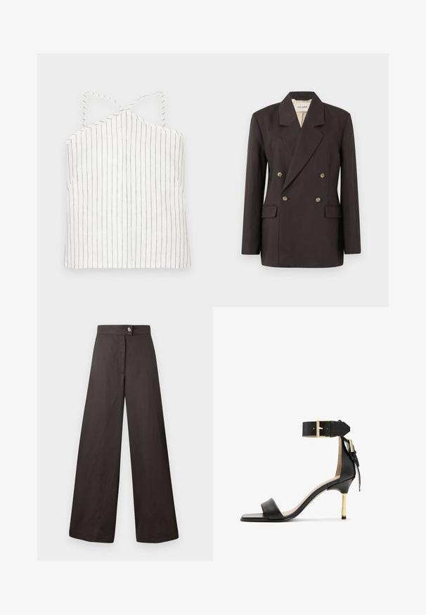 Mørkebrun dobbeltknap blazer med udsat krave, to forlommer og lys foring. Fremstillet af et glat, struktureret stof.; Hvid cami-top med tynde sorte lodrette striber. Har en halterneck med krydsede stropper og en lige kant. Letvægts, glat tekstur.; Sorte vidde bukser med en glat tekstur, med en frontknaplukning og et rent, enkelt design. Ingen mønstre eller accenter synlige.; Sort læder hæl sandal med firkantet tå, ankelrem med en guldbuckle og en slank metallisk hæl. Glat tekstur, minimalistisk design.