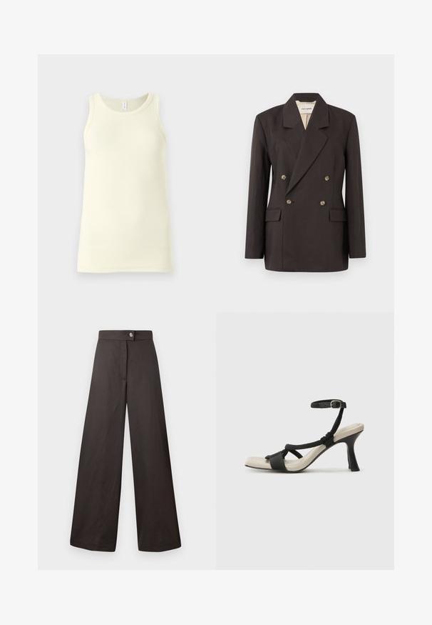 Tumepruun topeltkinnitatud bleiser, millel on nurgelised krae, kaks esipaneeli taskut ja heledat värvi vooder. Valmistatud siledast, struktureeritud kangast.; Hele hele kollane puuvillane tank top, millel on ribitud tekstuur, ümmargune kaelus ja laiad õlapaelad. Rippub sirgelt, ilma kaunistusteta.; Mustad laiad püksid sileda tekstuuriga, ees nupuga kinnitamine ja puhas, lihtsalt disainitud. Muster või aktsent puudub.; Mustad musta kontsaga sandaal, millel on punutud rihma disain, ruudukujuline varvas ja reguleeritav pahkluu rihm. Heleda beeži värvi jalapadi ja läikiv must konts.