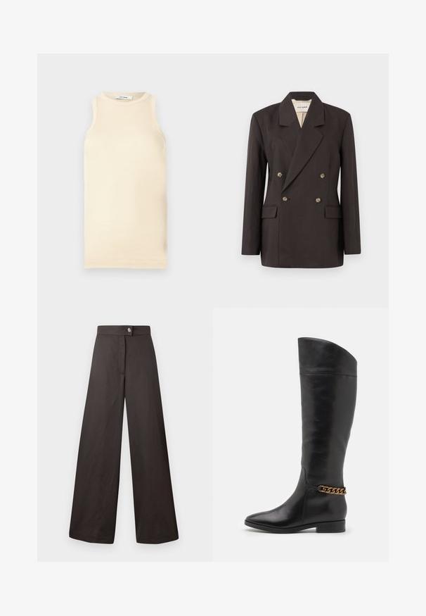 Sötétbarna, dupla gombolású blézer, kihajtott gallérral, két elülső zsebbel és világos színű béléssel. Simább, struktúrált anyagból készült.; Fény bézs, ujjatlan felső, bordázott anyagból, kerek nyakkivágással és karcsúsított fazonnal. Simaszerkezet minimális varrásokkal.; Fekete, széles szárú nadrág sima tapintással, elülső gombos záródással és letisztult, egyszerű dizájnnal. Nincsenek látható minták vagy díszítések.; Magas fekete bőrcsizma áramvonalas dizájnnal, hegyes orral és arany lánc díszítéssel a bokán. Alacsony, tömbsarkú. Sima felület.