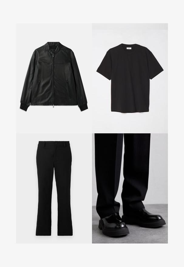 Black leather jacket with a stand collar, front zip closure, and two zippered side pockets. Features a smooth texture and tailored fit.; Black cotton t-shirt with a crew neck, short sleeves, and a relaxed fit. Simple design, smooth texture, and no visible patterns or logos.; Black flared trousers made of cotton blend fabric, featuring a button closure, belt loops, and a smooth texture with no visible patterns.; The Antipode BEATLES - Classic ankle boots - black