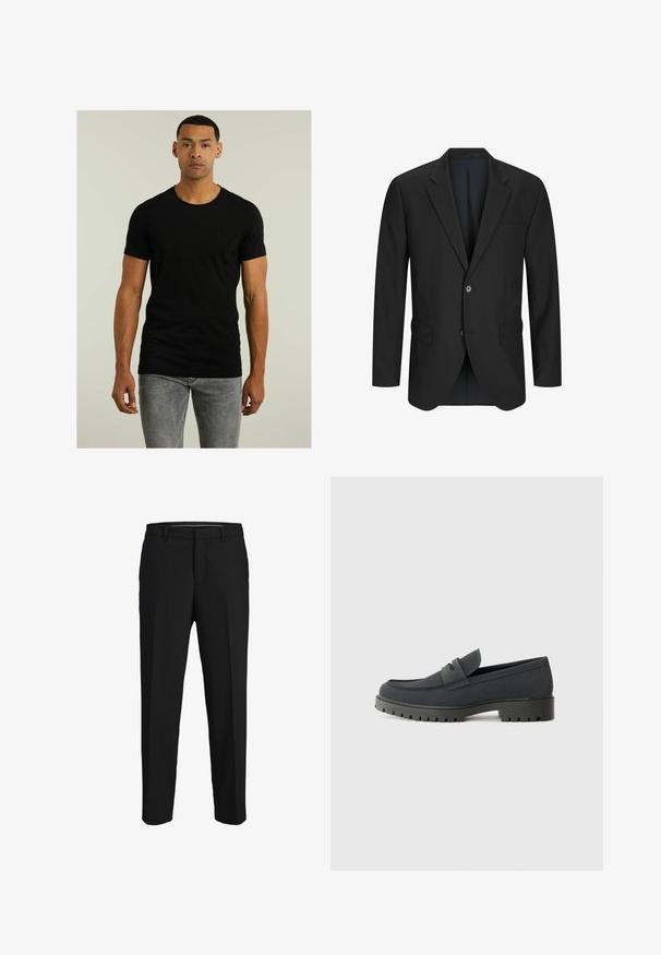 Čierny blejzer s klopaným golierom, dvoma prednými vreckami, jedným gombíkom na zapínanie a hladkým, štruktúrovaným materiálom.; Čierne tričko s krátkym rukávom a okrúhlym výstrihom s jemným texturovaným logom na hrudi; v kombinácii s svetlo šedými džínami. Jednoduchý dizajn.; Čierne nohavice vyrobené z hladkej látky, s rovnými strihom, pútkami na opasok a plochým predným dizajnom bez viditeľných vzorov alebo ozdôb.; Čierna mokasína s hladkým, matným povrchom, s okrúhlou špičkou a hrubou, textúrovanou podrážkou. Ozdobená predným pásikom.