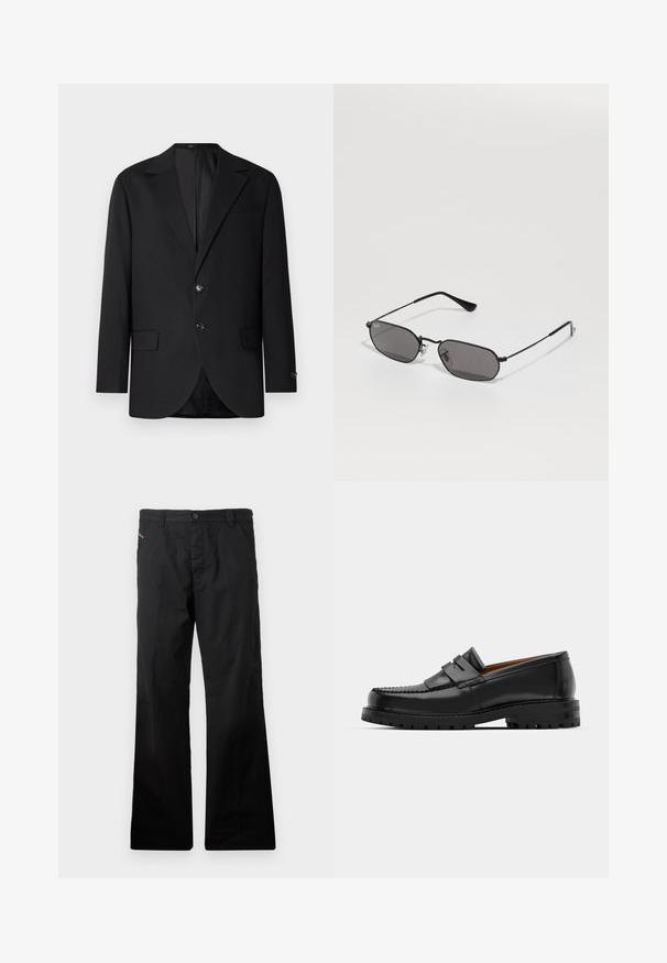 Czarna marynarka z klapami o prostym kroju, z podwójnym zapięciem na guziki, dwoma przednimi kieszeniami i jedną kieszenią na piersi. Gładki materiał i dopasowany krój.; Brązowy sweter dzianinowy w prążki z okrągłym dekoltem i długimi rękawami, z teksturowanej tkaniny, z dopasowanymi mankietami i dołem. Prosty design.; Czarny prążkowany top bez rękawów z okrągłym dekoltem i szerokimi wycięciami na ramionach, wykonany z miękkiego, elastycznego materiału. Metka: Pull&Bear.; Czarne, bawełniane spodnie o prostym kroju z zapięciem na guzik. Posiadają kieszenie boczne i minimalistyczny design bez widocznych wzorów czy akcentów.; Czarne skórzane mokasyny mają wyraźny szew, dwa dekoracyjne paski na górze oraz grubą, teksturowaną podeszwę dla lepszej przyczepności.; Czarne heksagonalne okulary przeciwsłoneczne z cienką metalową oprawką i ciemnymi soczewkami leżące na białej powierzchni.