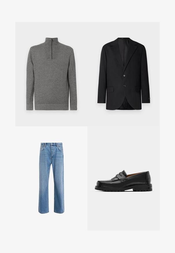 Črn blazer s zapahom, dvojno gumbno zapiranje, dvema sprednjima žepoma in enim žepom na prsih. Gladko blago in prilega se po meri.; Sivi pleteni pulover z dolgimi rokavi in četrt-zip visokim ovratnikom, prikazan ravno na beli podlagi.; Svetlo modre denim kavbojke s ravno nogavico, petimi žepi, z gumbom za zapiranje, minimalnim zbledelostjo in kontrastnimi šivi.; Črne usnjene loafersice imajo dvignjen šiv, dve dekorativni trakovi na zgornjem delu in debel strukturiran podplat za boljši oprijem.