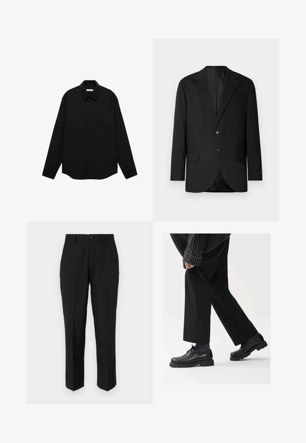 Black blazer with a notch lapel, dual button closure, two front pockets, and a single chest pocket. Smooth fabric and tailored fit.; Black long-sleeve shirt in a crinkled texture, featuring a pointed collar, front button closure, and a chest pocket.; Black trousers made of smooth fabric, featuring a straight leg design, front pockets, a single button closure, and no visible patterns.; Black leather shoes with a rounded toe, lace-up design, and thick, textured sole. Worn with tailored black trousers and a ribbed sweater.
