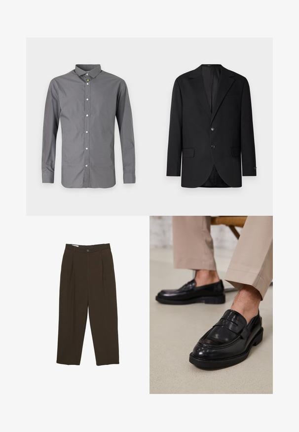 Svart kavaj med sned krage, dubbelknäppning, två framfickor och en bröstficka. Slät tygkvalitet och välsydd passform.; Grå långärmad skjorta i bomullsblandning, med klassisk krage, knäppning framtill och glänsande vita knappar längs placket.; Mörkbruna skräddarsydda byxor med veck fram, bälteshällor och knäppning i midjan.; Svarta läder loafers med en slät finish, prydda med en dekorativ rem och kontrastsöm, tillsammans med beiga byxor.