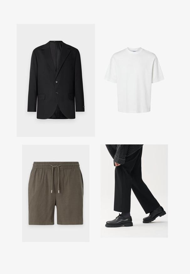 Black blazer with a notch lapel, dual button closure, two front pockets, and a single chest pocket. Smooth fabric and tailored fit.; White cotton t-shirt with short sleeves, crew neckline, and a relaxed fit. Smooth texture with no visible patterns or accents.; Dark green shorts with an elastic waistband, drawstring closure, and a smooth, lightweight texture. No visible pockets or patterns.; Black leather shoes with a rounded toe, lace-up design, and thick, textured sole. Worn with tailored black trousers and a ribbed sweater.