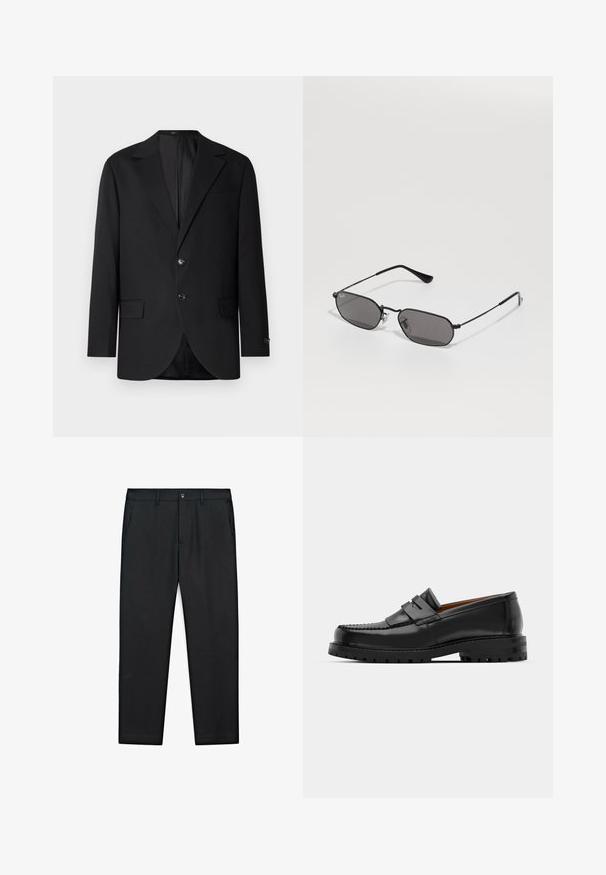 Schwarzer Blazer mit Reverskragen, Doppelknopfverschluss, zwei vorderen Taschen und einer Brusttasche. Glattes Material und taillierte Passform.; Schwarzes, geripptes Tanktop mit rundem Halsausschnitt und weiten Armausschnitten, aus einem weichen, dehnbaren Stoff. Marke: Pull&Bear.; Schwarze Hosen mit geradem Bein, gefertigt aus glattem Stoff, mit zwei Seitentaschen und einem Knopfverschluss vorne.; Schwarze Lederloafer verfügen über eine erhöhte Naht, zwei dekorative Riemen im oberen Bereich und eine dicke, strukturierte Sohle für zusätzlichen Halt.; Schwarze hexagonale Sonnenbrille mit dünnem Metallrahmen und dunklen Gläsern, die auf einer weißen Oberfläche liegen.