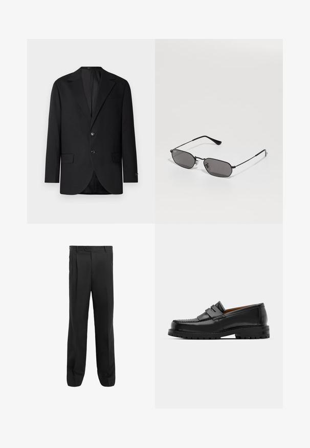 Zwarte blazer met een notch lapel, dubbele knoopsluiting, twee voorzakken en een enkele borstzak. Gladde stof en een getailleerde pasvorm.; Zwarte geribbelde tanktop met een ronde halslijn en wijde armsgaten, gemaakt van een zachte, rekbare stof. Label: Pull&Bear.; Zwarte broek met een recht-pijpen ontwerp, voorzien van plooien, een enkele knoopsluiting en riemlussen. Gemaakt van gladde stof.; Zwarte leren instappers hebben een verhoogde naad, twee decoratieve banden op de bovenkant en een dikke, gestructureerde zool voor extra grip.; Zwarte hexagonale zonnebril met dunne metalen rand en donkere lenzen liggen op een witte ondergrond.