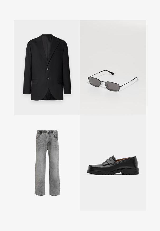 Musta bleiseri, jossa on lovettu kaulus, kaksoispainonappi kiinnitys, kaksi etutaskua ja yksi rintatasku. Liukas kangas ja muotoiltu istuvuus.; Musta ribattoppi, jossa on pyöreä pääntie ja leveät hihansuut, valmistettu pehmeästä, joustavasta kankaasta. Merkki: Pull&Bear.; Harmaat farkut suoranlahkeisella muotoilulla, korkea vyötärö, viisi taskua ja haalistunut pinta. Varustettu napituksella ja vyölenkeillä.; Mustat nahka loafit sisältävät kohoavan sauman, kaksi koristeellista nauhaa yläosassa ja paksun teksturoidun pohjan parempaa pitoa varten.; Musta kuusikulmainen aurinkolasit ohuella metallikehyksellä ja tummilla linsseillä, makaa valkoisella pinnalla.