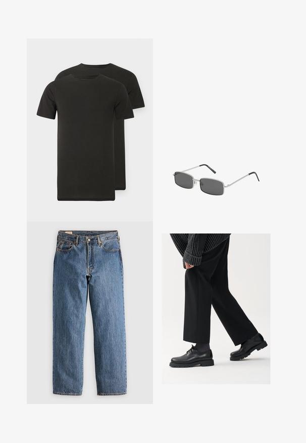 Svart blazer med notch-lapel, dobbel knappelukking, to frontlommer og en enkelt brystlomme. Glatt stoff og skreddersydd passform.; To svarte t-skjorter med rund hals laget av mykt stoff. Korte ermer, rett nederkant, uten synlige mønstre eller grafikk.; Blå denim jeans med rett snitt, med høy midje, kobbernitter og oransje sømmer. For- og baklommer inkludert.; Sorte skinnsko med rund tupp, snøring og tykk, teksturert såle. Brukt med skreddersydde svarte bukser og en ribbet genser.; Rektangulære solbriller med mørkegrå linser, tynn sølvmetallramme og svarte gummibelagte stangender. Minimalistisk design.