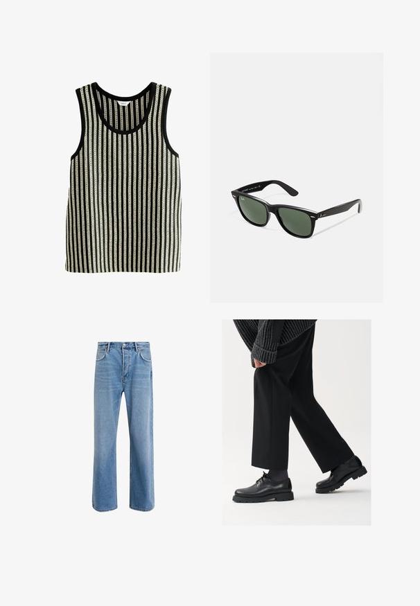 Zwarte blazer met een notch lapel, dubbele knoopsluiting, twee voorzakken en een enkele borstzak. Gladde stof en een getailleerde pasvorm.; Zwart-wit gestreept tanktop met een ronde halslijn en mouwloos ontwerp. De textuur heeft afwisselend dikke en dunne verticale lijnen.; Lichtblauwe denim jeans met een straight-leg ontwerp, vijf zakken, knoopsluiting, minimale vervaging en contrasterende stikseldetails.; Zwarte leren schoenen met een afgeronde neus, vetersluiting en een dikke, getextureerde zool. Draagt een gepaste zwarte broek en een geribbelde trui.; Zwarte plastic zonnebril met groene lenzen, vierkante montuur, zilveren accent op de wenkbrauw en een gestructureerde tempel. Merken vermeld op de binnenkant van de arm.