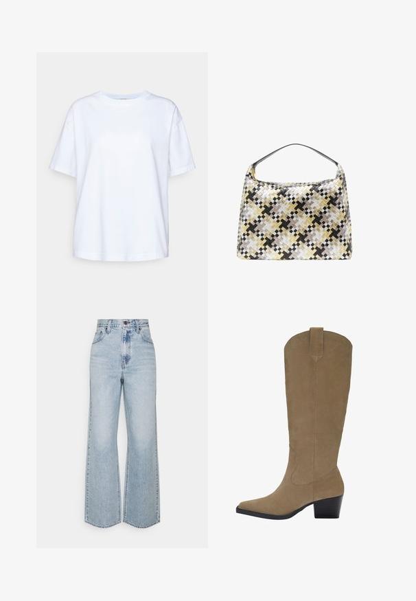 Červená strukturovaná tkanina s hladkým povrchem, která vykazuje jemný lesk. Materiál se zdá být lehký a mírně ohebný s jemnými vzory.; Bílá bavlněná tričko s krátkými rukávy, kulatým výstřihem, volným střihem, hladkou texturou a bez viditelných vzorů nebo akcentů.; Světle modré džíny s širokými nohavicemi, vysokým pasem, klasickým designem s pěti kapsami a kontrastním prošíváním. Na spodním okraji je detail s obřezaným lemem.; Kozačky z hladké světlé semišové kůže do výšky kolen s špičatou špičkou, nasazeným podpatkem a prošíváním po stranách. Hladká textura a strukturovaný design.; Tkaná kabelka s geometrickým vzorem v stříbrné, zlaté a černé barvě. Má zaoblený vrchol, krátkou rukojeť a hladký povrch.