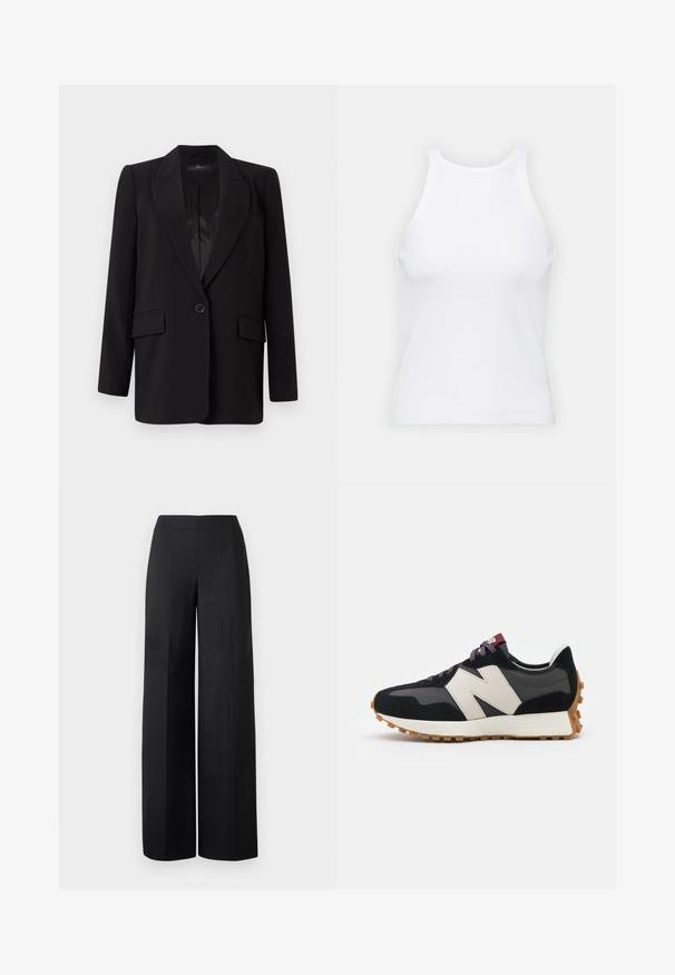 Zwarte blazer met een geknipt revers, enkele knoopsluiting, twee voorkezen en een glad satijnen interieur. Recht model.; Witte mouwloze tanktop van ribstof, met een ronde halslijn en een aansluitende pasvorm, met minimale naden en zonder versieringen.; Zwarte wijde broeken van een gladde stof. Heeft een hoge tailleband en schone, rechte lijnen zonder zichtbare zakken of versieringen.; Zwarte en grijze suède sneaker met een groot crèmekleurig "N"-logo, paarse veters en een gestructureerde rubberen zool van gum.