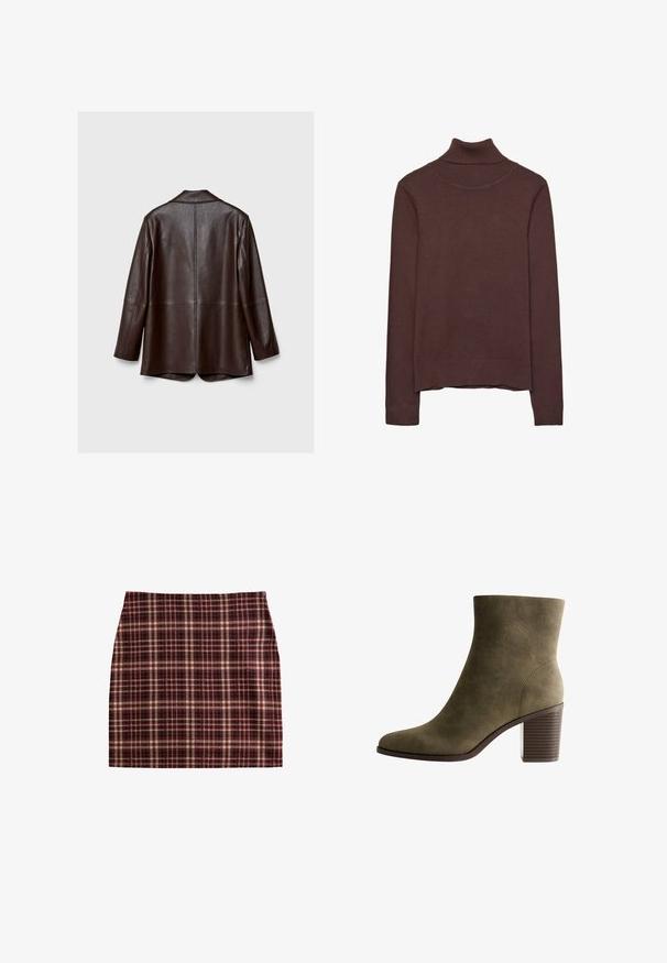 Brązowa skórzana kurtka o gładkiej teksturze, z długimi rękawami i dopasowanym krojem. Posiada wentylację z tyłu oraz minimalne detale szwalnicze.; Brązowy sweter z golfem wykonany z miękkiego materiału, charakteryzujący się dopasowanym krojem, prążkowanym kołnierzem i mankietami oraz lekko skróconym dołem.; Spódnica w kratę w kolorach bordowym, beżowym i czarnym, o ustrukturyzowanym designie i gładkiej fakturze, z prostym krojem.; Oliwkowo-zielony zamszowy botek za kostkę z okrągłym noskiem, zwężającą się sylwetką i podbiciem z poziomymi rowkami.